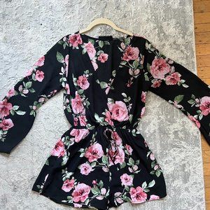 Audrey 3+1 Pink & Black Floral Long Sleeve Romper